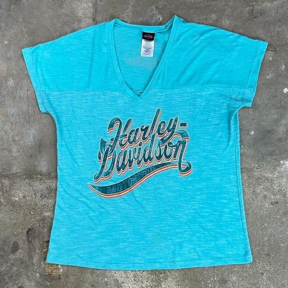 Vintage Y2K Harley Davidson Shirt Women's Large Blue Montgomery Alabama V Neck